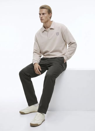 Jack & Jones Bej Erkek Rahat Logo Baskılı Sweatshirt 12299786 JORNEOPREP SWEAT POLO