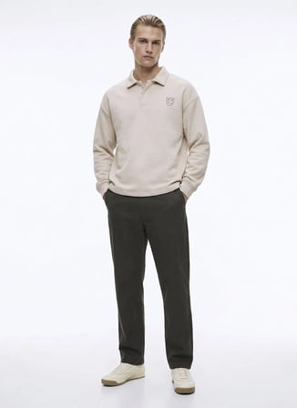 Jack & Jones Bej Erkek Rahat Logo Baskılı Sweatshirt 12299786 JORNEOPREP SWEAT POLO