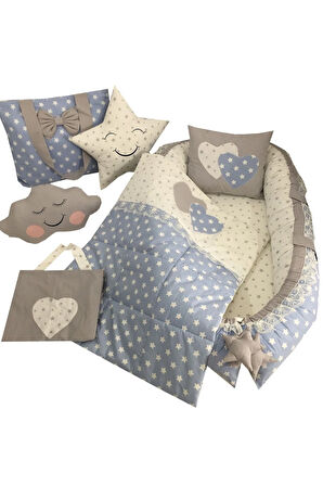 Nest Mavi Yıldızlı Lüx Jaju-babynest Anne Yanı Bebek Yuvası 7 Parça Set