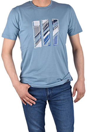 RYM-7950 BİSİKLET YAKA DESENLİ TİŞÖRT/AÇIK MAVİ/XXL