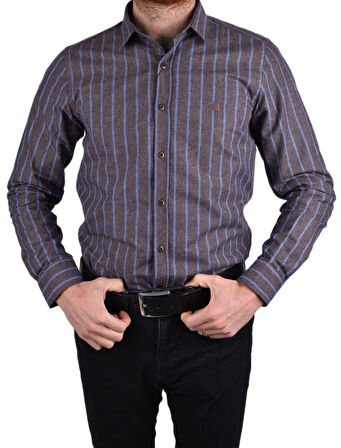 BRG-12917 SLİMFİT ÇİZGİLİ GÖMLEK/KAHVERENGİ/XL
