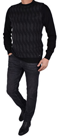 BRG-21174 BİSİKLET YAKA DESENLİ KAZAK/SİYAH/M