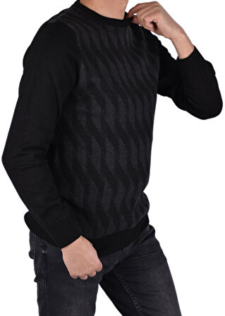 BRG-21174 BİSİKLET YAKA DESENLİ KAZAK/SİYAH/XL