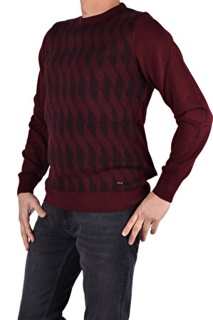 BRG-21174 BİSİKLET YAKA DESENLİ KAZAK/BORDO/3XL