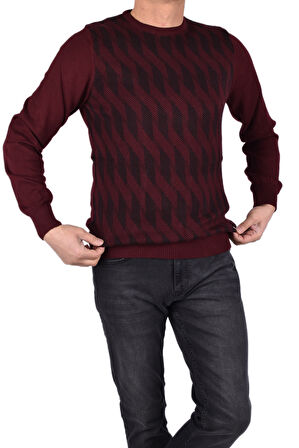 BRG-21174 BİSİKLET YAKA DESENLİ KAZAK/BORDO/3XL