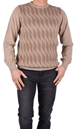 BRG-21174 BİSİKLET YAKA DESENLİ KAZAK/VİZON/2XL