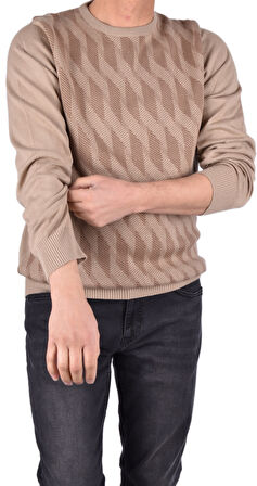 BRG-21174 BİSİKLET YAKA DESENLİ KAZAK/VİZON/2XL