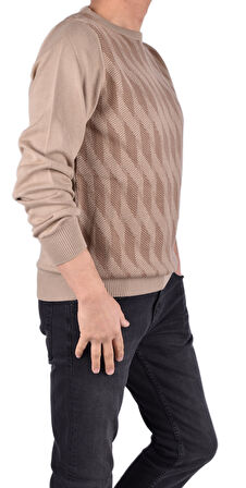 BRG-21174 BİSİKLET YAKA DESENLİ KAZAK/VİZON/2XL