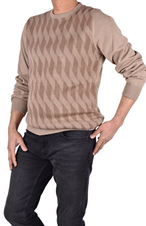 BRG-21174 BİSİKLET YAKA DESENLİ KAZAK/VİZON/2XL