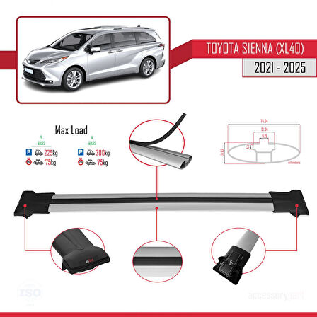 Toyota Sienna 4 (XL40) 2021 ve Sonrası ile Uyumlu FLY Model Ara Atkı Tavan Barı Gri 3 Adet
