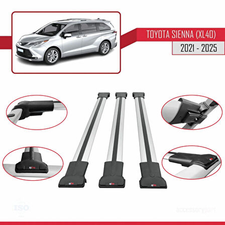 Toyota Sienna 4 (XL40) 2021 ve Sonrası ile Uyumlu FLY Model Ara Atkı Tavan Barı Gri 3 Adet