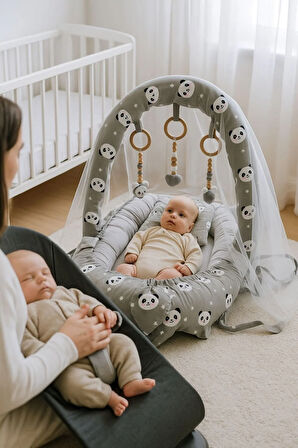 Gri Panda Oyuncak ve Cibinlik Tüllü Babynest