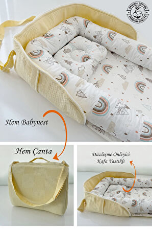 Sarı Çantalı Babynest Anne Yanı Taşınabilir Babynest Otelde, Seyehatte, Araçta Her yere Taşınabilir.