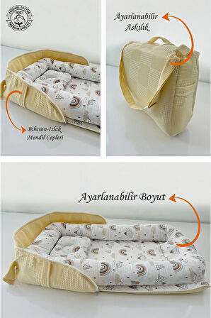 Sarı Çantalı Babynest Anne Yanı Taşınabilir Babynest Otelde, Seyehatte, Araçta Her yere Taşınabilir.