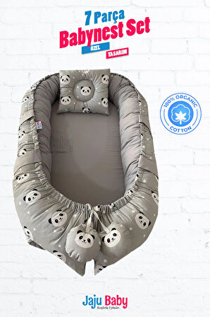 Babynest Gri Panda 7 Parça Lüx Babynest Ve Puset Örtüsü Set %100 Pamuklu Kumaş