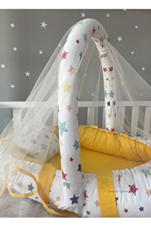 Nest Karışık Yıldızlı Sarı Cibinlik Ve Oyuncak Askılı Lüx Tasarım Jaju-babynest Anne Yanı
