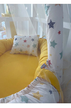 Nest Karışık Yıldızlı Sarı Cibinlik Ve Oyuncak Askılı Lüx Tasarım Jaju-babynest Anne Yanı