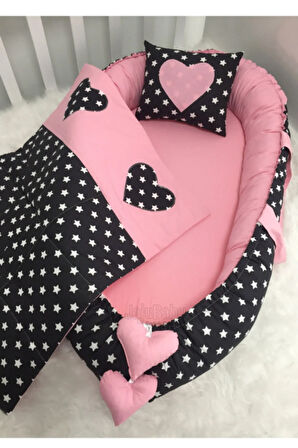 Nest Siyah Yıldızlı Pembe Kombin Lüx Jaju-babynest Anne Yanı Bebek Yatağı 3'lü Set