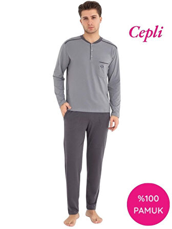 Erkek 3 Düğmeli %100 Pamuk Göğüs Cepli Mevsimlik Uzun Kol Cepli Pijama Takımı