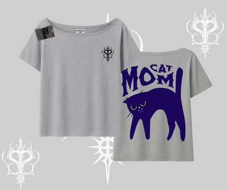 Cat Mom Yazılı Minimal Kedi Arka Baskılı Kayık Yaka Tshirt