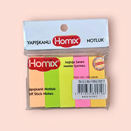 Homix Yapışkanlı Renkli Parmak Post-it Notluk 5'li (1 Paket)