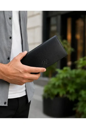 Erkek Hakiki Deri Siyah Telefon Bölmeli Uzun Cüzdan ve Kartlık