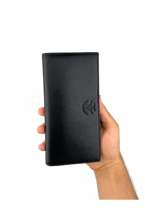 Erkek Hakiki Deri Siyah Telefon Bölmeli Uzun Cüzdan ve Kartlık