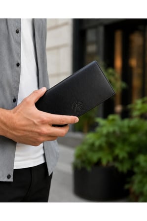 Erkek Hakiki Deri Siyah Telefon Bölmeli Uzun Cüzdan ve Kartlık
