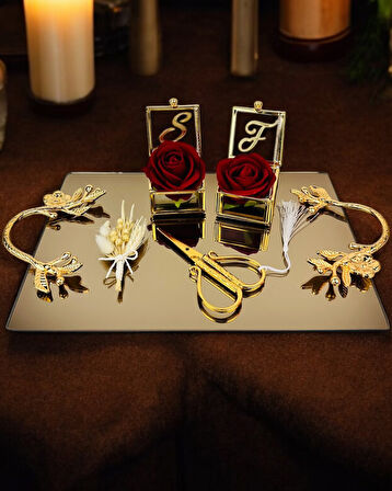 Amour Gold Lüks Swarovski Söz Nişan Tepsisi 