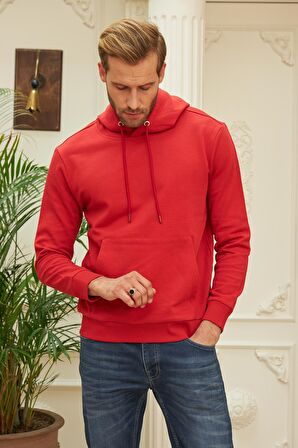 Erkek Kapüşonlu Comfort Fit Düz Sweatshirt Kırmızı