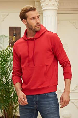 Erkek Kapüşonlu Comfort Fit Düz Sweatshirt Kırmızı