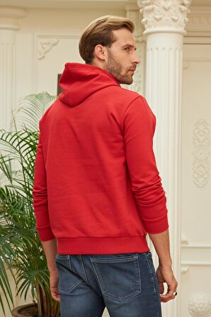 Erkek Kapüşonlu Comfort Fit Düz Sweatshirt Kırmızı