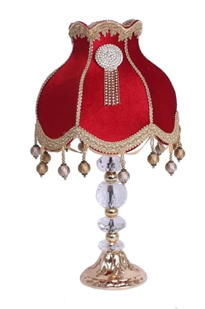 Kırmızı Redviev Cristal Abajur Broşlu Başlık Kristal Metal Ayaklı Klasik Model Abajur 50x30cm