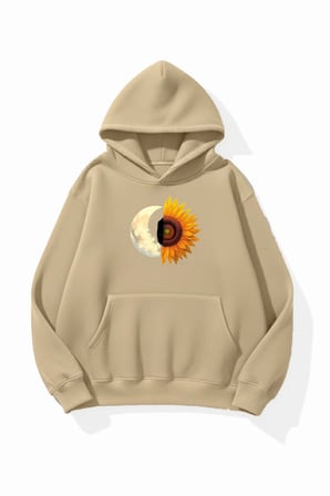 Unisex Yumuşak Dokulu Ay ve Papatya Baskılı Tasarım Oversize 3 İplik Hoodie Sweatshirt