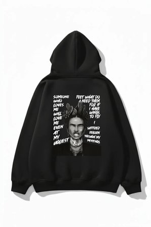 Unisex Yumuşak Dokulu Frida Kahlo Viva La Vida Baskılı Tasarım Oversize 3 İplik Hoodie Sweatshirt