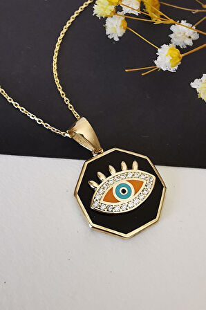 Siyah Mineli Sekizgen Altın Göz Kolye