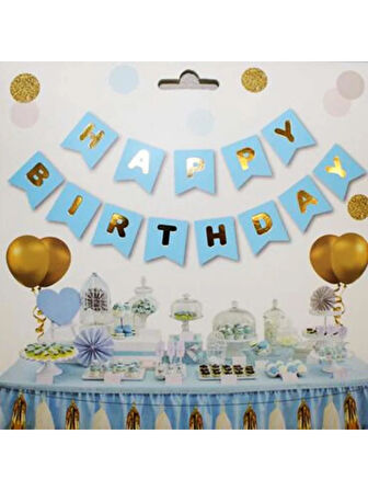 Happy Birthday Banner Mavi Renk Zemin üstüne yazısı Gold-Altın Varaklı Lüks Karton Doğum Günü Yazısı Flama
