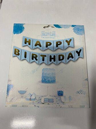 Happy Birthday Banner Mavi Renk Zemin üstüne yazısı Gold-Altın Varaklı Lüks Karton Doğum Günü Yazısı Flama