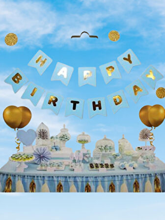Happy Birthday Banner Mavi Renk Zemin üstüne yazısı Gold-Altın Varaklı Lüks Karton Doğum Günü Yazısı Flama