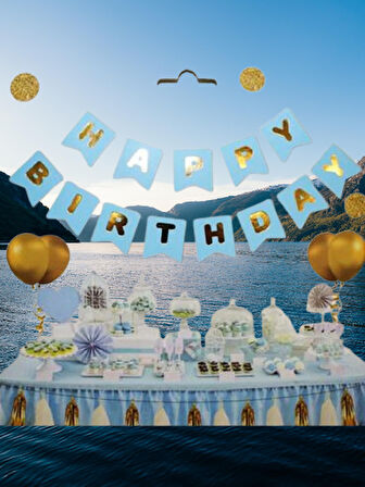Happy Birthday Banner Mavi Renk Zemin üstüne yazısı Gold-Altın Varaklı Lüks Karton Doğum Günü Yazısı Flama