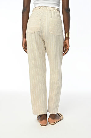 KADIN RAHAT KALIP BELİ LASTİKLİ ÇİZGİLİ PANTOLON