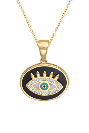 Siyah Mineli Oval Altın Göz Kolye