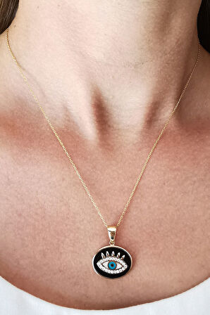 Siyah Mineli Oval Altın Göz Kolye