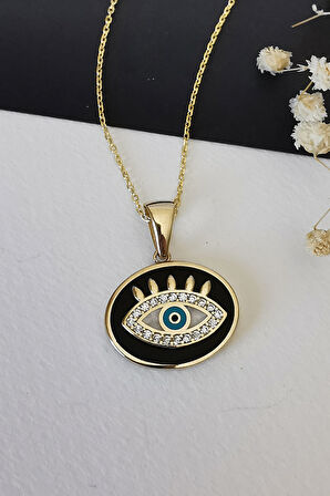Siyah Mineli Oval Altın Göz Kolye