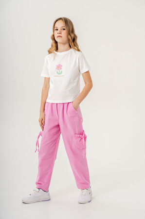 Kız Çocuk Pamuklu T-Shirt Keten Pantalonlu Yazlık Takım 6-9 Yaş