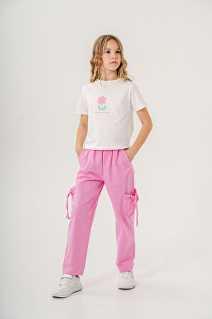 Kız Çocuk Pamuklu T-Shirt Keten Pantalonlu Yazlık Takım 6-9 Yaş