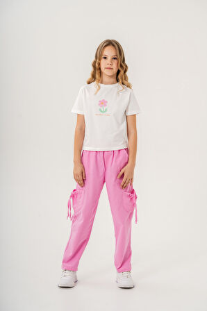 Kız Çocuk Pamuklu T-Shirt Keten Pantalonlu Yazlık Takım 6-9 Yaş