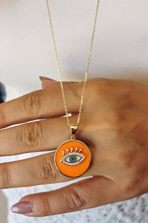 Turuncu Mineli Altın Göz Kolye
