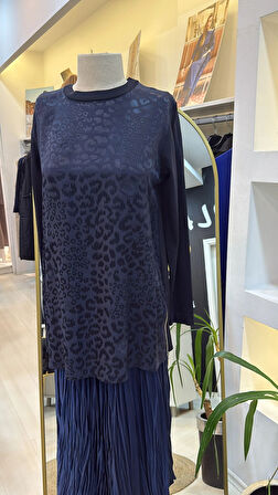 Nuss 3002 Leopar Jakar Detay Merserize Tunik - lacivert