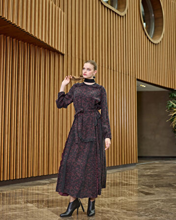 Misswhence Desenli Cupro Elbise 38829 bordo